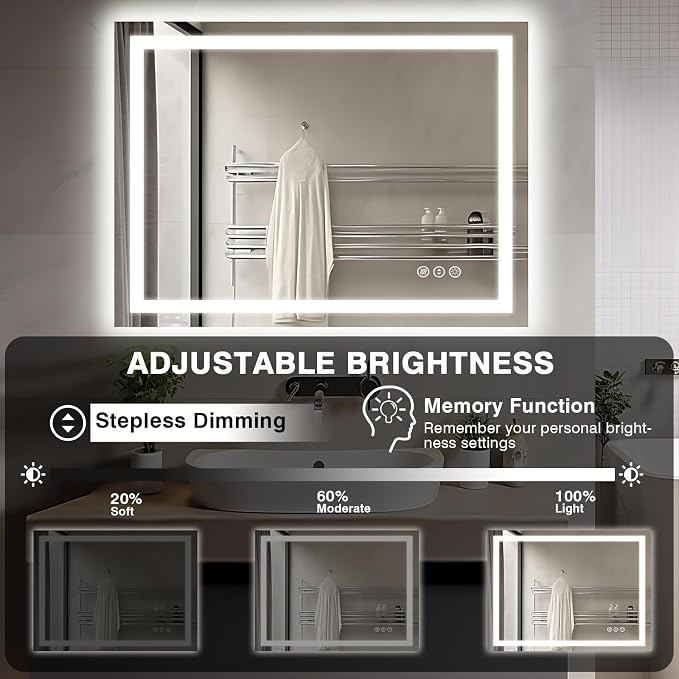 EchosLife 40"x30" LED Lights Bathroom Mirror | Backlit + Front Lit, Anti-Fog, Stepless Dimmable, 3 Colors, Memory, Tempered Glass, UL Listed, Horizontal/Vertical