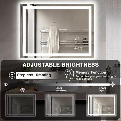 EchosLife 40"x30" LED Lights Bathroom Mirror | Backlit + Front Lit, Anti-Fog, Stepless Dimmable, 3 Colors, Memory, Tempered Glass, UL Listed, Horizontal/Vertical