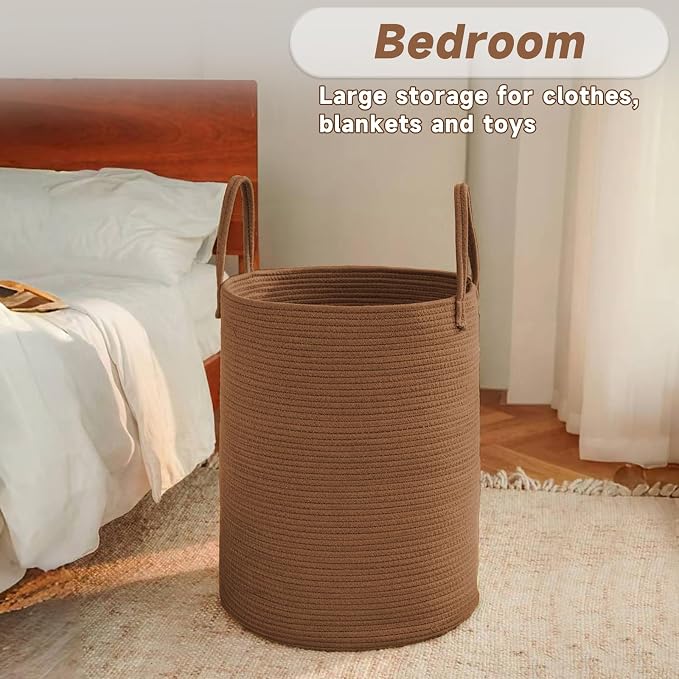 JMvicyroam 60L Cotton Rope Laundry Basket Hamper, Golden Jute | Collapsible Laundry Basket, Reinforced Handles, Freestanding, Machine Washable, Holds 3-5 Thick Blankets, Clothes or Toys