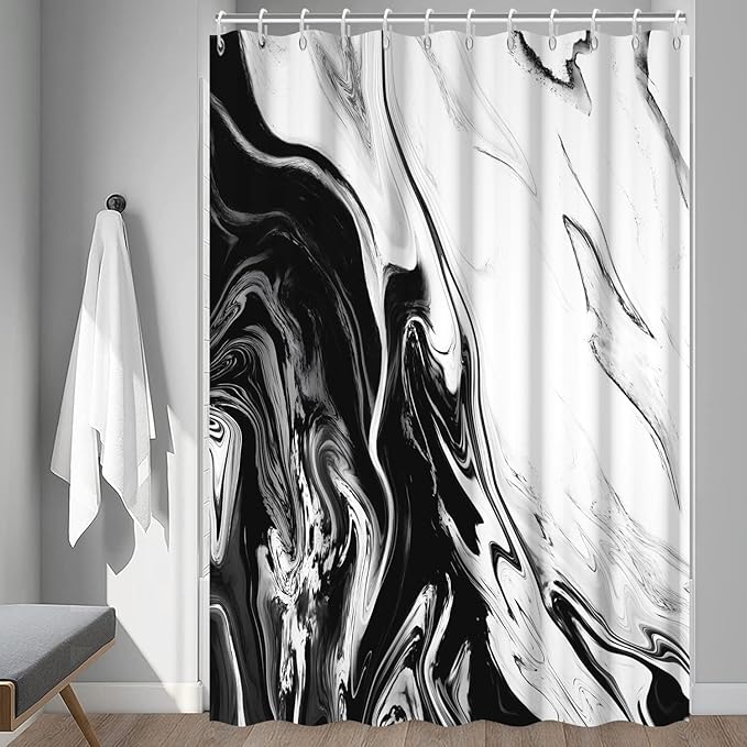 Black and White Shower Curtain, Modern Abstract Black Marble Shower Curtain for Bathroom Aesthetic Ink Texture Waterproof Shower Curtain Set with Hooks, 72x96 Inch