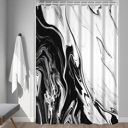 Black and White Shower Curtain, Modern Abstract Black Marble Shower Curtain for Bathroom Aesthetic Ink Texture Waterproof Shower Curtain Set with Hooks, 72x72 Inch