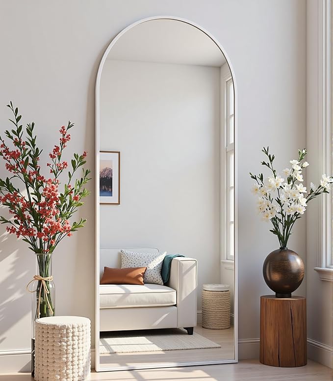 Dewfig Arched Full Length Mirror, 58"X18" Large Full Body Mirror, White | Aluminum Alloy Frame Floor Mirror, HD Shatterproof Tempered Glass, Lean/Stand/Wall for Living Room,Bedroom, Dressing Room