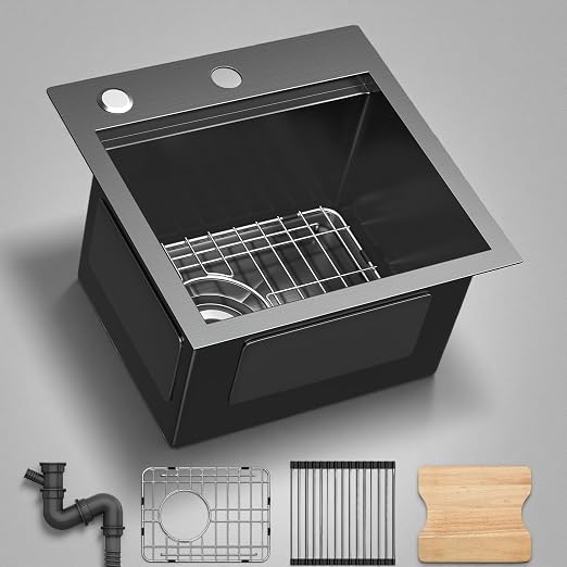 YITAHOME 15in Small Black Drop In RV Sink Workstation, Top Mount Stainless Steel Nano Gunmetal Black Small Kitchen Sink with Grid, Cutting Board, Rolling Rack for Workstation, Bar, 15 x 15 x 9 in