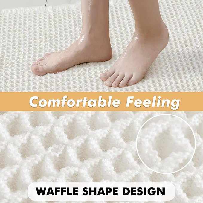 MIULEE Set of 2 Waffle Bathroom Rugs Boho Bath Mat White 17"x24"+20"x32" | Non Slip, Super Absorbent, Washable, Ultra Soft, Rubber Backed Bath Rugs for Bathroom Floor Tub Shower