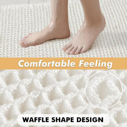 MIULEE Set of 2 Waffle Bathroom Rugs Boho Bath Mat White 17"x24"+20"x32" | Non Slip, Super Absorbent, Washable, Ultra Soft, Rubber Backed Bath Rugs for Bathroom Floor Tub Shower