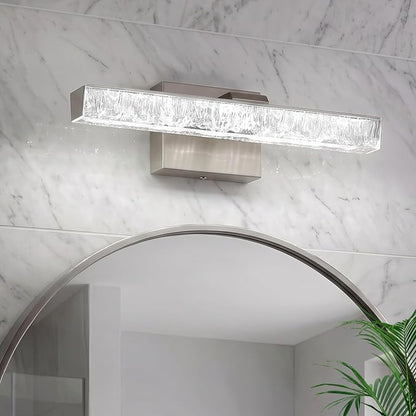 16 Inch Brushed Nickel LED Bathroom Vanity Light Fixtures, Iceberg Crushed Acrylic Modern Wall Sconce Lighting Over Mirror, 5500K Cool White Linear Vanity Lamp for Mirror Cabinet Powder Room