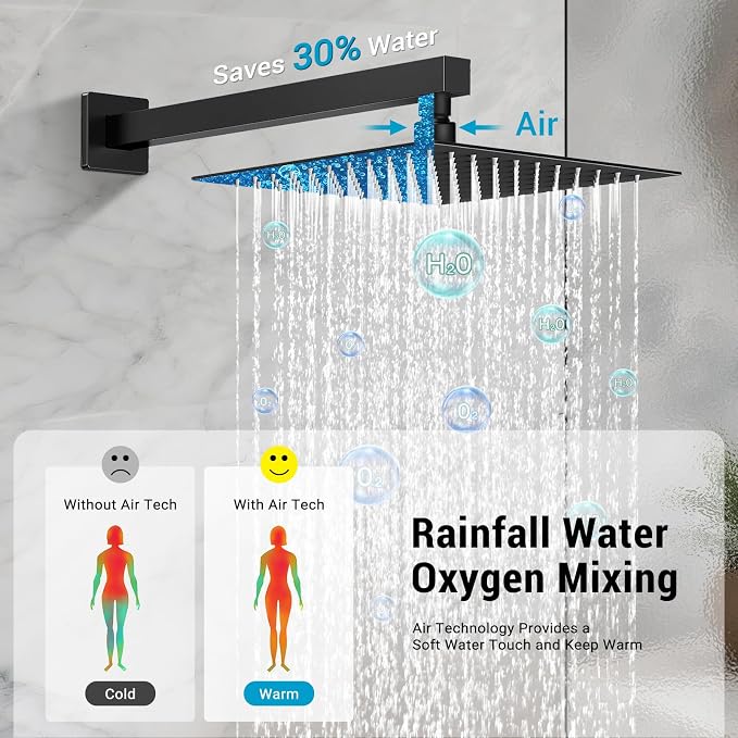 10" Square Rain Shower Faucet Set, Wall Mount, Matte Black | 304 SS , air tech boosts pressure 50%, dual spray, anti-fingerprint