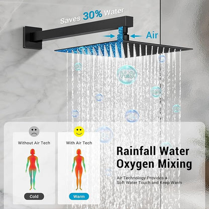 10" Square Rain Shower Faucet Set, Wall Mount, Matte Black | 304 SS , air tech boosts pressure 50%, dual spray, anti-fingerprint