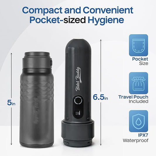 BIDET BUDDY® GoFlow Portable Bidet for Travel - 320mL Bottle with Adjustable Power Modes, Nozzle Wand, IPX7 Waterproof, USB C Charging, 800mAh Rechargeable Battery, Medium Pressure