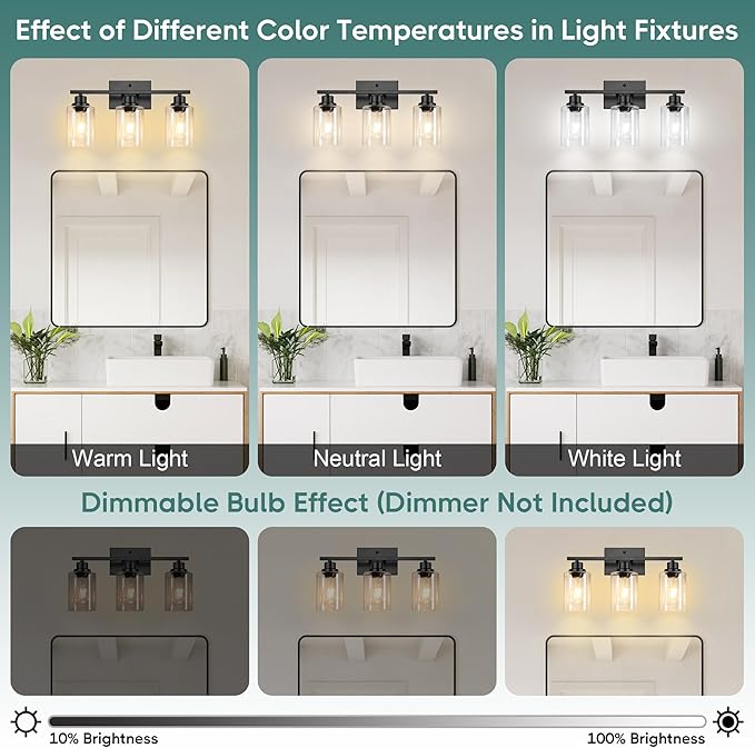 Ascher Bathroom Light Fixtures, 3-Light Vanity Light Over Mirror, Matte Black Wall Sconces with Clear Glass Shades, Wall Lamp for Living Room Bedroom, E26 Base(Bulbs Not Included)