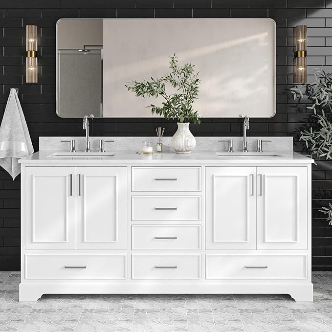 ARIEL Stafford 72-inch Bathroom Vanity with Sink,Solid Wood, 0.75-inch Italian Carrara Marble Countertop, Double Rectangular Porcelain Sink, 4 Soft Closing Doors, 6 Dovetail Drawers, White