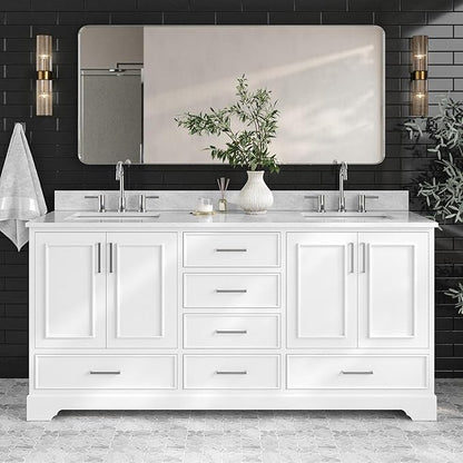 ARIEL Stafford 72-inch Bathroom Vanity with Sink,Solid Wood, 0.75-inch Italian Carrara Marble Countertop, Double Rectangular Porcelain Sink, 4 Soft Closing Doors, 6 Dovetail Drawers, White