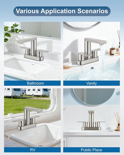 Brushed Nickel Bathroom Sink Faucet,4 Inch Centerset,Two Handle | Lead-Free SUS304 Stainless Steel 2 or 3-Hole Centerset Bathroom Faucet,Pop-Up Drain & cUPC Supply Lines for Vanity Sinks & RV
