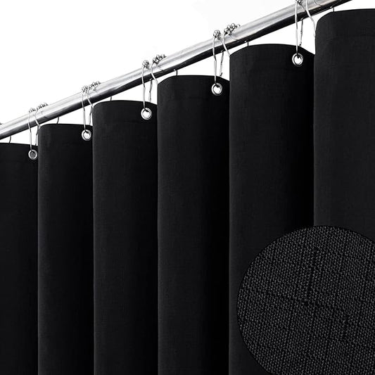108x72 Linen Textured Waterproof Thick Cloth Shower Curtain Set, Black | Extra Wide Size, 230GSM Polyester, Heavy Duty Fabric, Weighted Hem, 18 Plastic Hooks, Modern Hotel Style, Machine Washable