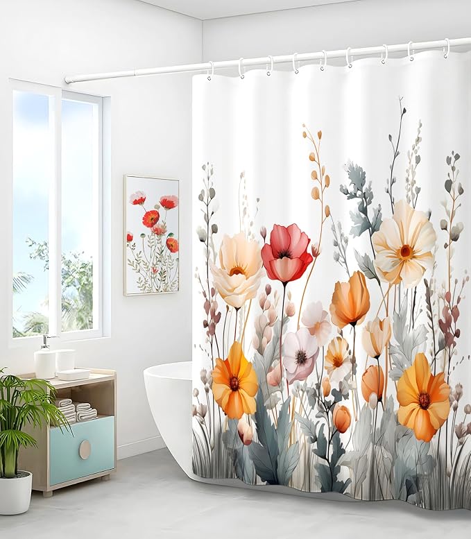 Shower Curtain for Bathroom Stall Modern Cute Aesthetic Washable Decorative Girly Waterproof Unique Wildflower Elegant Girls Chic Print Design Teen Women Cortinas de Baño Bathtub 72 x72 Inch