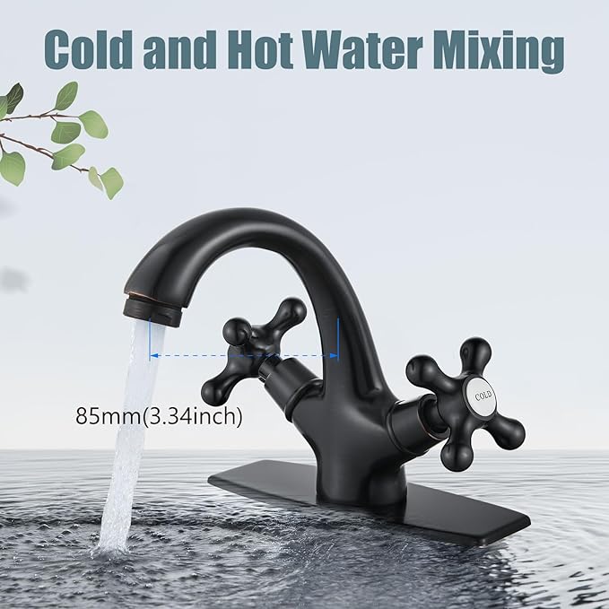 Aolemi Bathroom Sink Faucet Single Hole Cold and Hot Double Handle Cross Knobs Vanity Vessel Sink Basin Mixer Tap with Deck Cover Plate with Pop Up Drain Oil Rubbed Bronze
