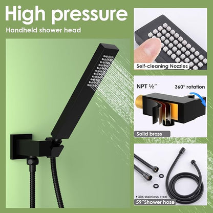 Enga Dual Shower Head System with Body Jets, 12"+ 6" Wall Mounted Dual Rain Shower Faucet with Valve Kit, Matte Black