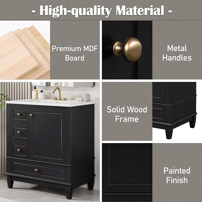 30" Vanity with Sink, Bathroom Vanities 30 Inch with Sink, Single Sink Bathroom Vanity with Shelf and Three Drawers, Soft Close Door, Restroom Vanity with Sink Top (Black)