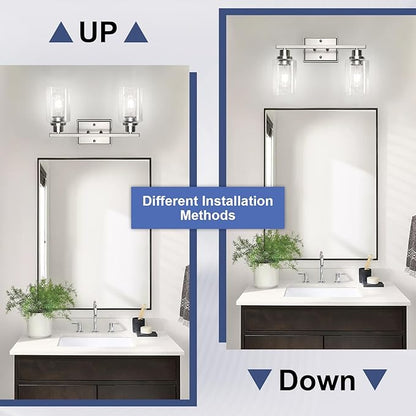Unicozin 2 Light Bathroom Light Fixtures, Modern Vanity Lights Over Mirror, Brushed Nickel Wall Lamp with Clear Glass for Living Room Cabinet Bedroom Porch