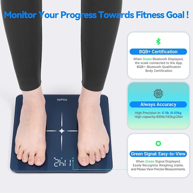 Vitafit FSA&HSA Smart Weight Scale, Accuracy 0.1lb by Our Professional Scale Factory Since 2001, Scale for Body Weight App Sync 13 Body Composition with BMI, Body Fat and Muscle, 400lb, LED, Blue