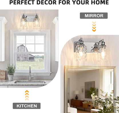 Bathroom Light Fixtures Over Mirror, 2 Lights Vanity Lights with Hammered Glass Shade, 12.7" Chrome Farmhouse Bathroom Light Fixtures for Bedroom, Porch, Hotel, Mirror Cabinet