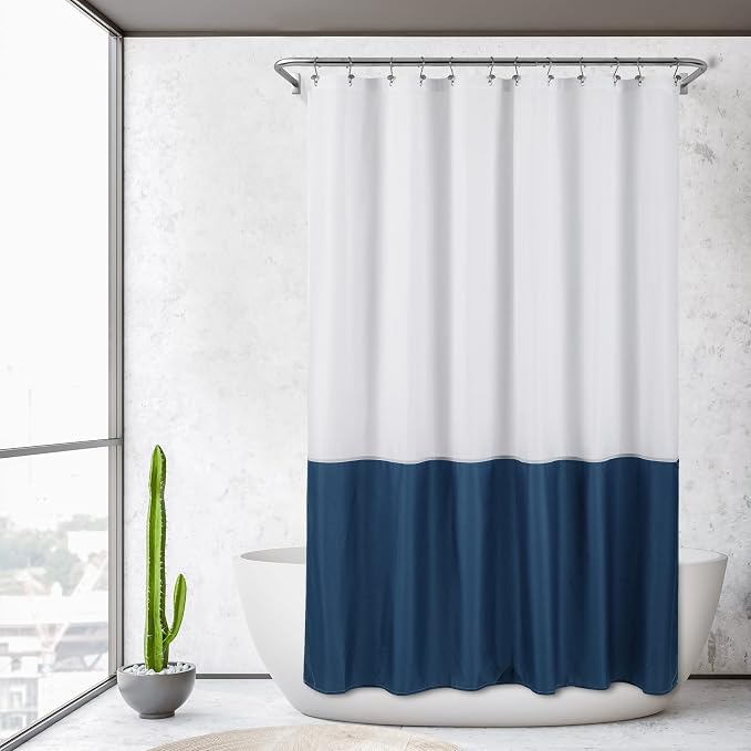 ALYVIA SPRING Waterproof Fabric Shower Curtain or Liner White/Navy, 72x72 | 3 Magnets, Soft Cloth & Hotel Quality, Machine Washable, Light-Weight, Standard Size