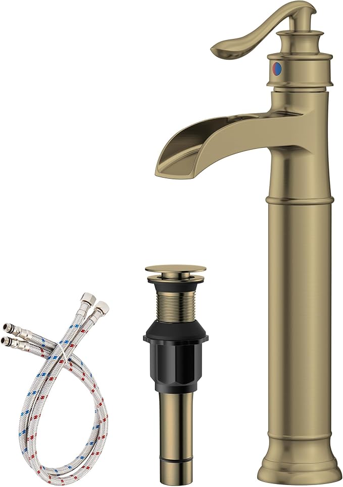 Homevacious Vessel Sink Faucet Brushed Gold Waterfall Tall Bathroom Faucet | Single Handle 1 Hole Bowl Sink Faucet with Pop Up Drain Assembly and Water Supply Hose Commercial Lavatory Mixer Tap