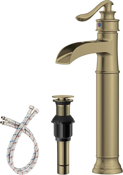 Homevacious Vessel Sink Faucet Brushed Gold Waterfall Tall Bathroom Faucet | Single Handle 1 Hole Bowl Sink Faucet with Pop Up Drain Assembly and Water Supply Hose Commercial Lavatory Mixer Tap