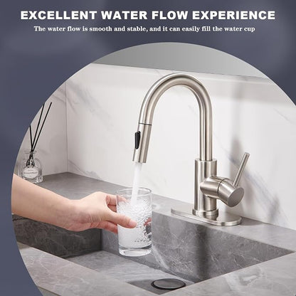 Brushe Nickel Bathroom Sink Faucet with Pull Down Sprayer | 2 Mode Sprayer, with Deck Plate for 1 or 3 Hole, 360° Swivel, with Pop Up Drain for Vanity Bar RV Basin Laundry Kitchen