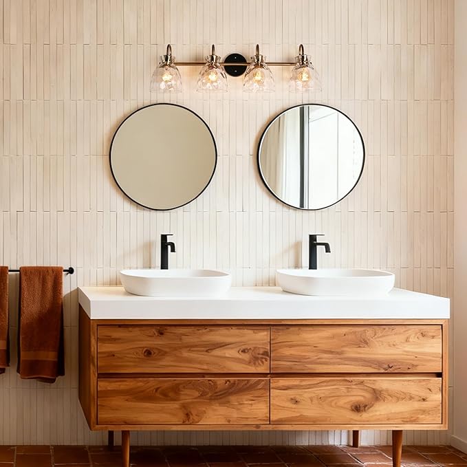 KSANA Bathroom Vanity Lights, Mid-Century Modern 4 Light Bathroom Light Fixtures Black and Electroplated Copper Vanity Lights with Water Ripple Glass
