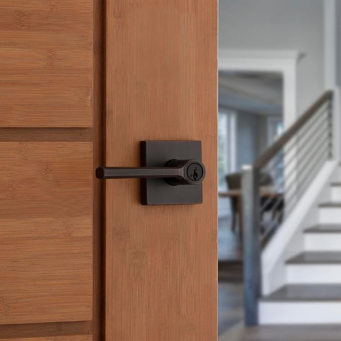 Kwikset Lisbon Square Entry Door Knob with Lock and Key, Secure Keyed Handle Exterior, Front Entrance and Bedroom, Venetian Bronze, Pick Resistant SmartKey Rekey Security and Microban