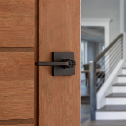 Kwikset Lisbon Square Entry Door Knob with Lock and Key, Secure Keyed Handle Exterior, Front Entrance and Bedroom, Venetian Bronze, Pick Resistant SmartKey Rekey Security and Microban
