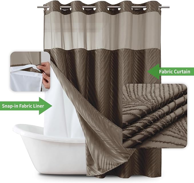 eachope no Hook Shower Curtain and Liner Set，Boho Style with See Through Top Window, Brown Fabric Tufted Striped Textured Outer Curtain & Waterproof Inner Liner, Brown, 71Wx77H