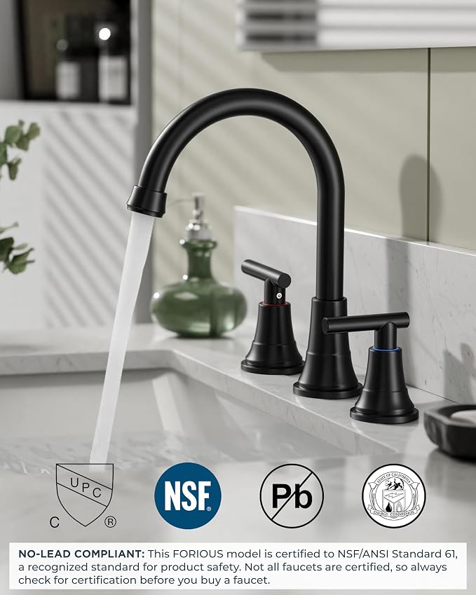 FORIOUS Black Bathroom Faucet 3 Hole, 8" Widespread Bathroom Vanity Faucet | 360° Swivel Spout Matte Black 8 Inch Widespread Bathroom Sink Faucet 3 Hole, Wholesale 2 Handle Black Vanity Faucet 3 Holes