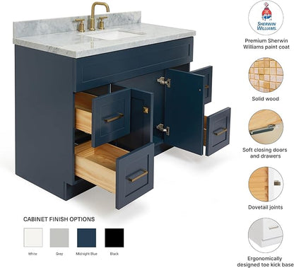 Bradford 48-Inch Bathroom Vanity with Sink — Midnight Blue Single Sink Bathroom Vanity, 1.5" Edge Italian Carrara Marble Top, Solid Wood, 2 Soft-Close Doors, 4 Full Extension Dovetail Drawers