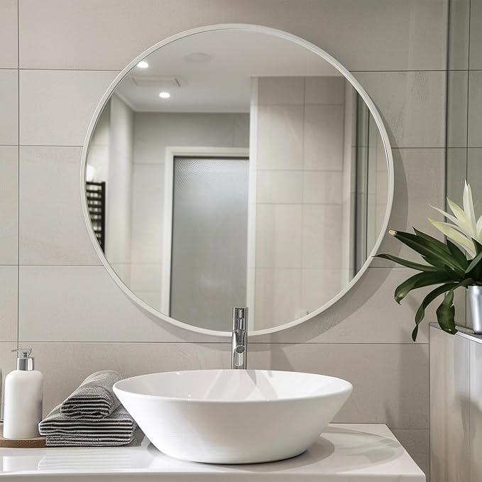 Round Mirror 22 inch, White Circle Mirror with Matte Metal Frame | Matte Metal Frame, High Definition Mirror, Waterproof, Suitable for Bedroom, Bathroom, Entryway, Living Room, Vanity