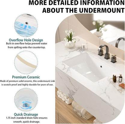 White Ceramic 21"x14" Undermount Bathroom Lavatory Sink | Rectangle under counter white bathroom vessel sink for bathroom
