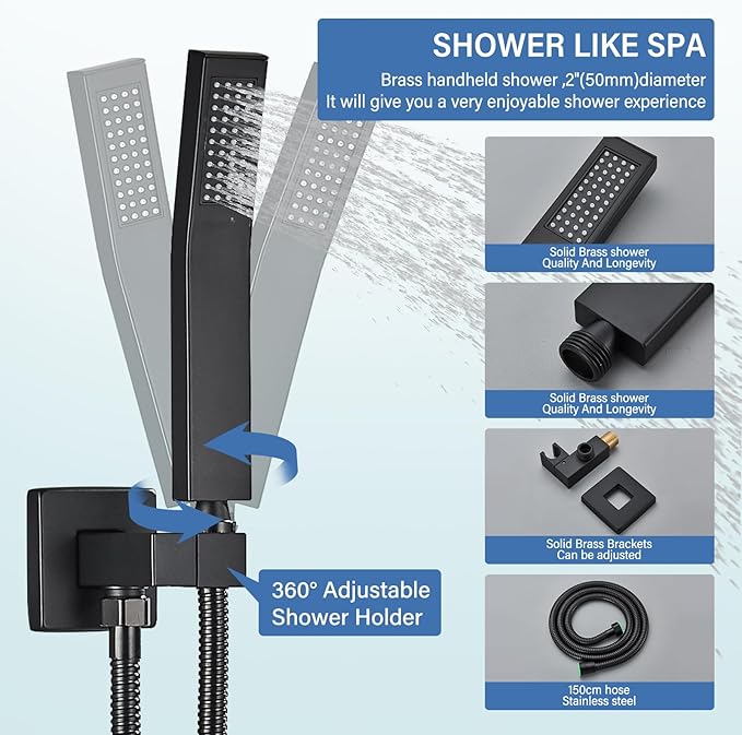 12 Inches Ceiling Mount Shower Faucets Sets Complete Shower System LED Rainfall Shower Head System Rough-in Valve Body and Trim Included Matte Black…