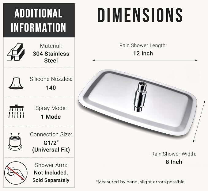 G-Promise All Metal 12 Inch Large Rain Shower Head for Ceiling or Wall | Built to Last, Rust Resistant 304 Stainless Steel, Easy to Install, Full Body Coverage Rainfall Shower Head, Daily SPA