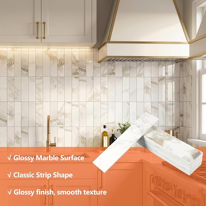 80-Piece Polished Marble Thick PVC Peel and Stick Backsplash, 2" x 8" Waterproof Subway Tile Peel and Stick Wall Tiles for Kitchen and Bathroom