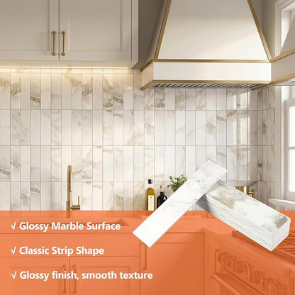 80-Piece Polished Marble Thick PVC Peel and Stick Backsplash, 2" x 8" Waterproof Subway Tile Peel and Stick Wall Tiles for Kitchen and Bathroom