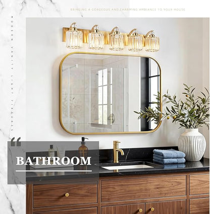 5-Lights Brushed Brass Bathroom Light Fixture Gold Vanity Lights Modern Crystal Bathroom Vanity Lighting Over Mirror Wall Sconce with K9 Crystal Shade E26 Base for Living Room, Bedroom Wall Lamp