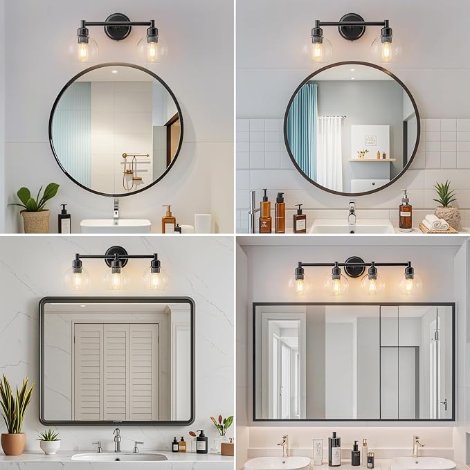 Bathroom Light Fixtures,2-Light Modern Bathroom Vanity Light,Black Wall Sconce with Clear Glass Globe Shades,Wall Lights Over Mirror for Kitchen,Bedroom,Hallway,Living Room