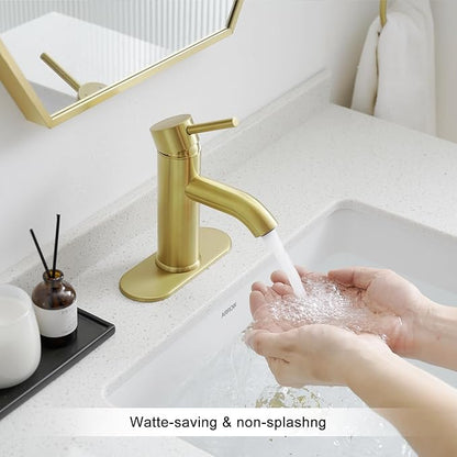 Bathroom Faucet Brushed Gold Modern Bathroom Sink Faucet, Single Handle Faucet for Sink, Vanity, RV, Lavatory, Suitable for 1 or 3 Holes, with Supply Deck Plate and Hose
