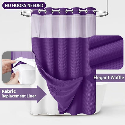 No Hook Shower Curtain and Liner Set,Deep Purple Hotel Waffle Shower Curtain with Liner 75" L x 72" W