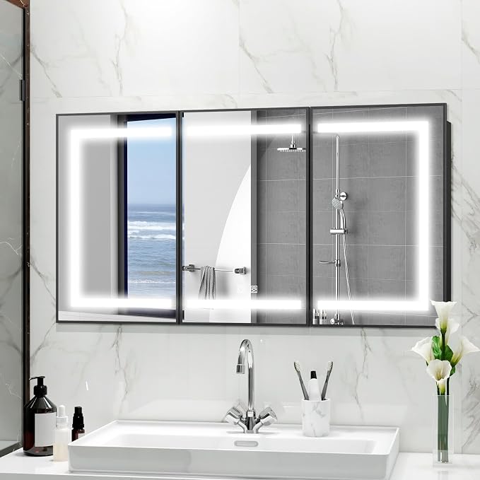 ROOMTEC 60 x 32 Inch Medicine Cabinet Mirror with LED Lights, Black Bathroom Medicine Cabinet with Mirror and Storage, Recessed or Wall Mount, 3 Color Temperature, Dimmable Light