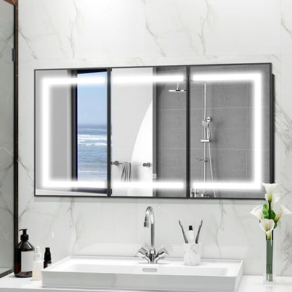 ROOMTEC 60 x 32 Inch Medicine Cabinet Mirror with LED Lights, Black Bathroom Medicine Cabinet with Mirror and Storage, Recessed or Wall Mount, 3 Color Temperature, Dimmable Light