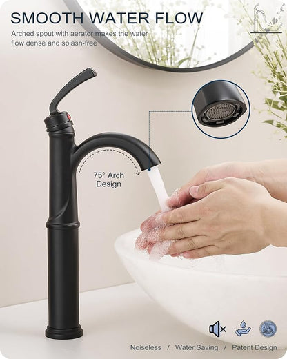 Tall Bathroom Faucet Single Hole, Brass Vessel Sink Faucet Black with 1 Handle, Arched Aerator Spout, Pop Up Drain & Pre-Installed cUPC Water Hoses for Modern Style Bowl Sink, 5 Mins Install