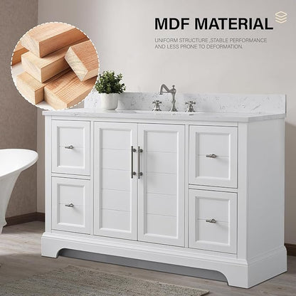 HOMEBEYOND 48 Inch Bathroom Vanity with Single Sink & Ceramic Top, Vanity Cabinet with Center Countertop Basin, Soft-Closing Doors, Backsplash,White