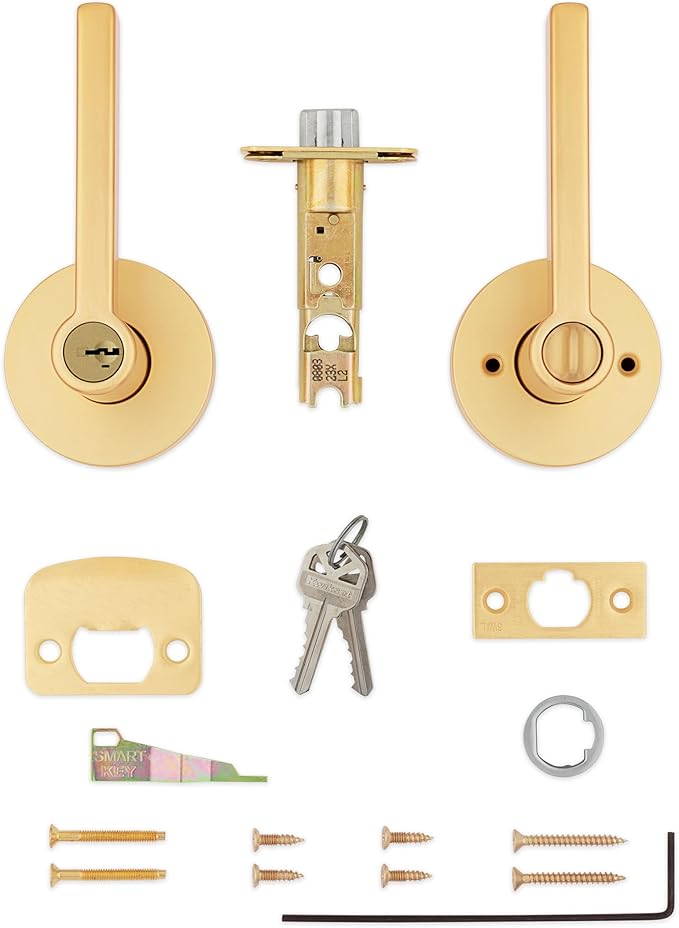 Kwikset Halifax Entry Door Handle with Lock and Key, Secure Keyed Reversible Lever Exterior, for Front Entrance and Bedrooms, Satin Brass, Pick Resistant Smartkey Rekey Security and Microban